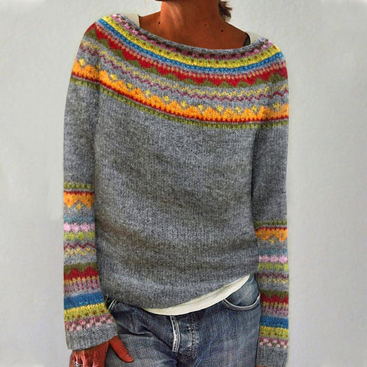 Jana | Strickpullover mit Fair-Isle-Muster in Grau und Regenbogenfarben