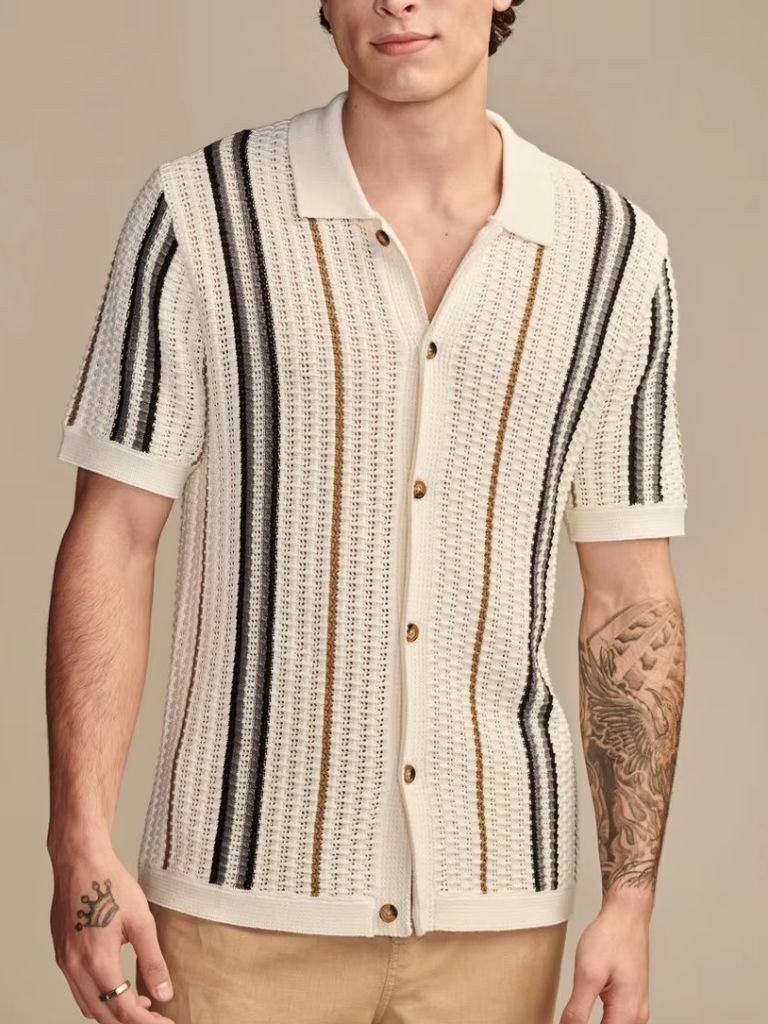 Jonathan | Cremefarbenes gestreiftes Strick-Poloshirt mit Knopfleiste