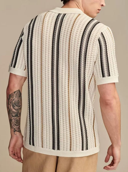 Jonathan | Cremefarbenes gestreiftes Strick-Poloshirt mit Knopfleiste
