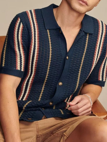 Jonathan | Cremefarbenes gestreiftes Strick-Poloshirt mit Knopfleiste
