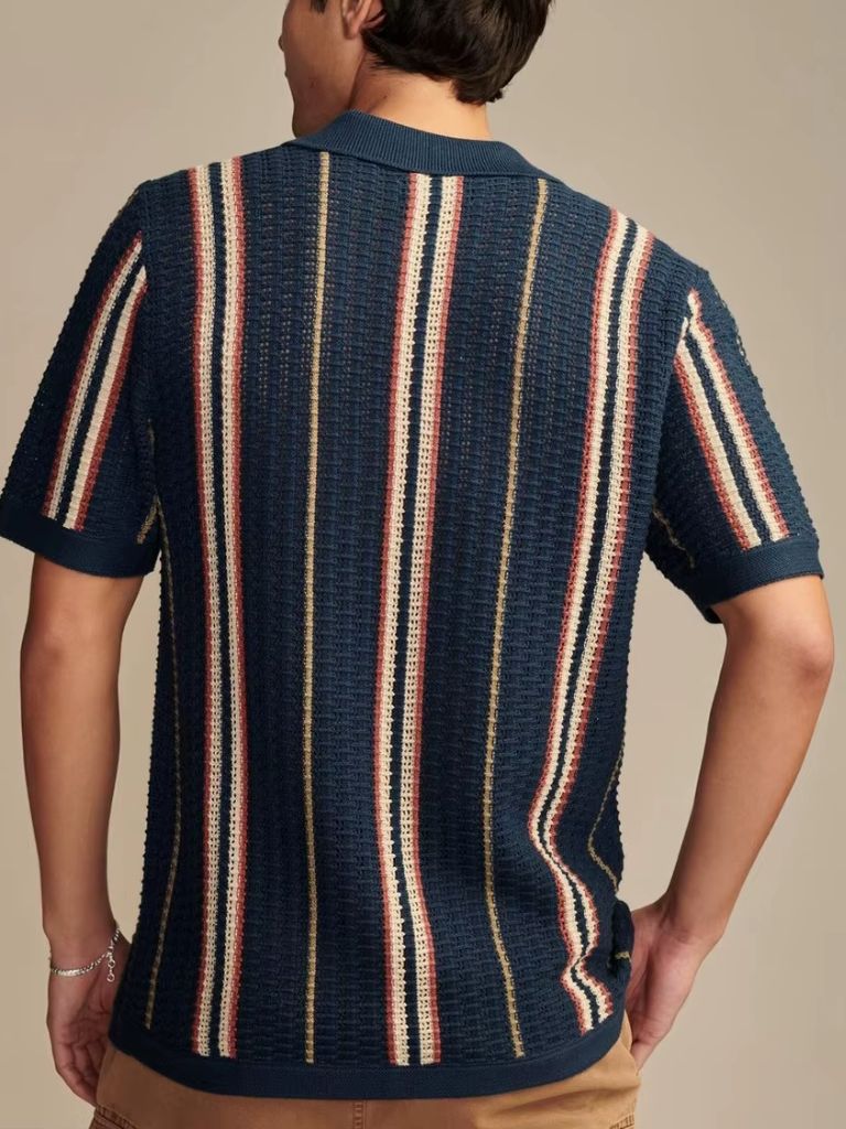 Jonathan | Cremefarbenes gestreiftes Strick-Poloshirt mit Knopfleiste