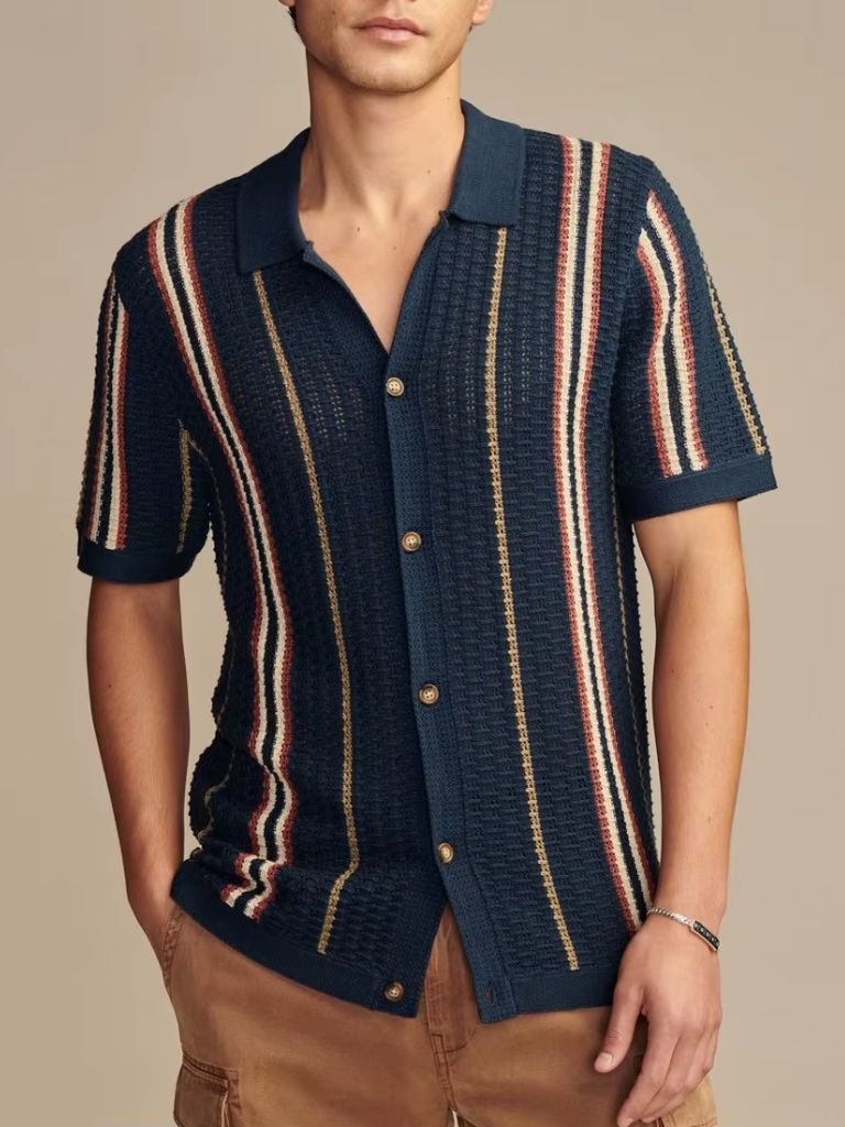 Jonathan | Cremefarbenes gestreiftes Strick-Poloshirt mit Knopfleiste
