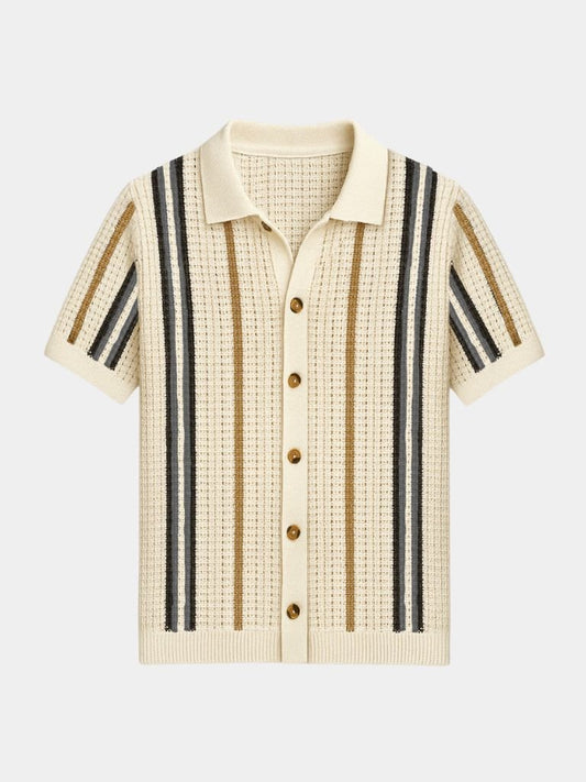 Jonathan | Cremefarbenes gestreiftes Strick-Poloshirt mit Knopfleiste