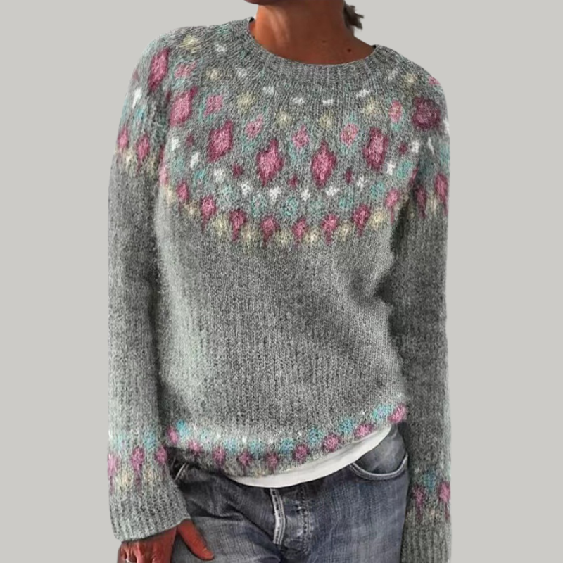 Jutta | Strickpullover mit Fair-Isle-Muster in Grau und Rosa