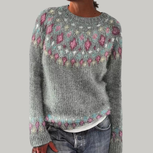 Jutta | Strickpullover mit Fair-Isle-Muster in Grau und Rosa