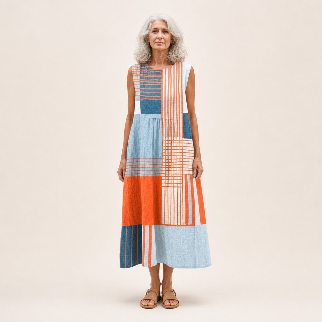 Valeska | Ärmelloses Sommerkleid mit Streifen in Orange und Blau