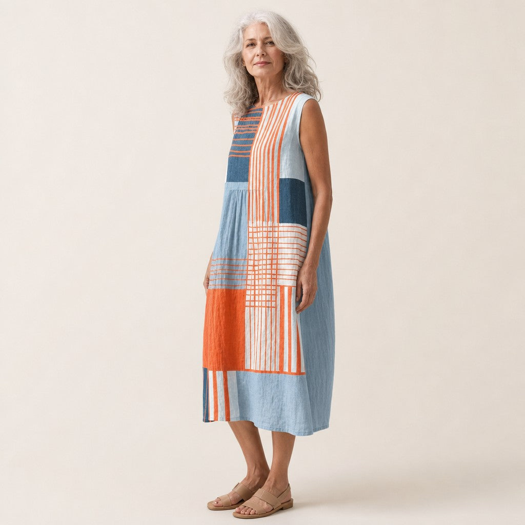 Valeska | Ärmelloses Sommerkleid mit Streifen in Orange und Blau