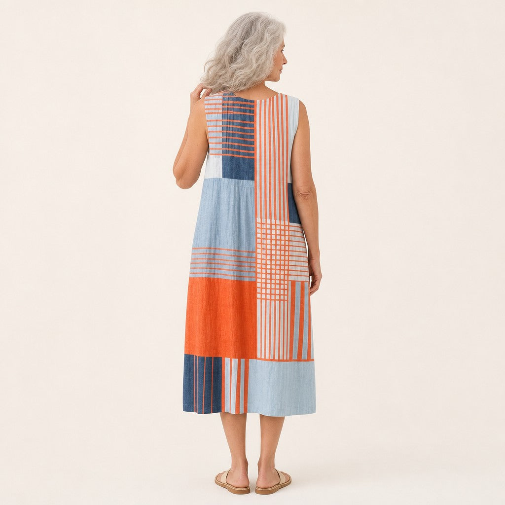 Valeska | Ärmelloses Sommerkleid mit Streifen in Orange und Blau