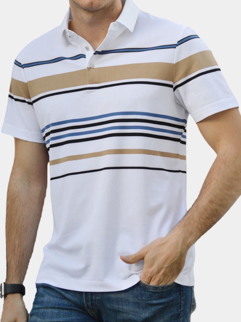 Knut | Weißes Poloshirt mit mehrfarbigen Streifen