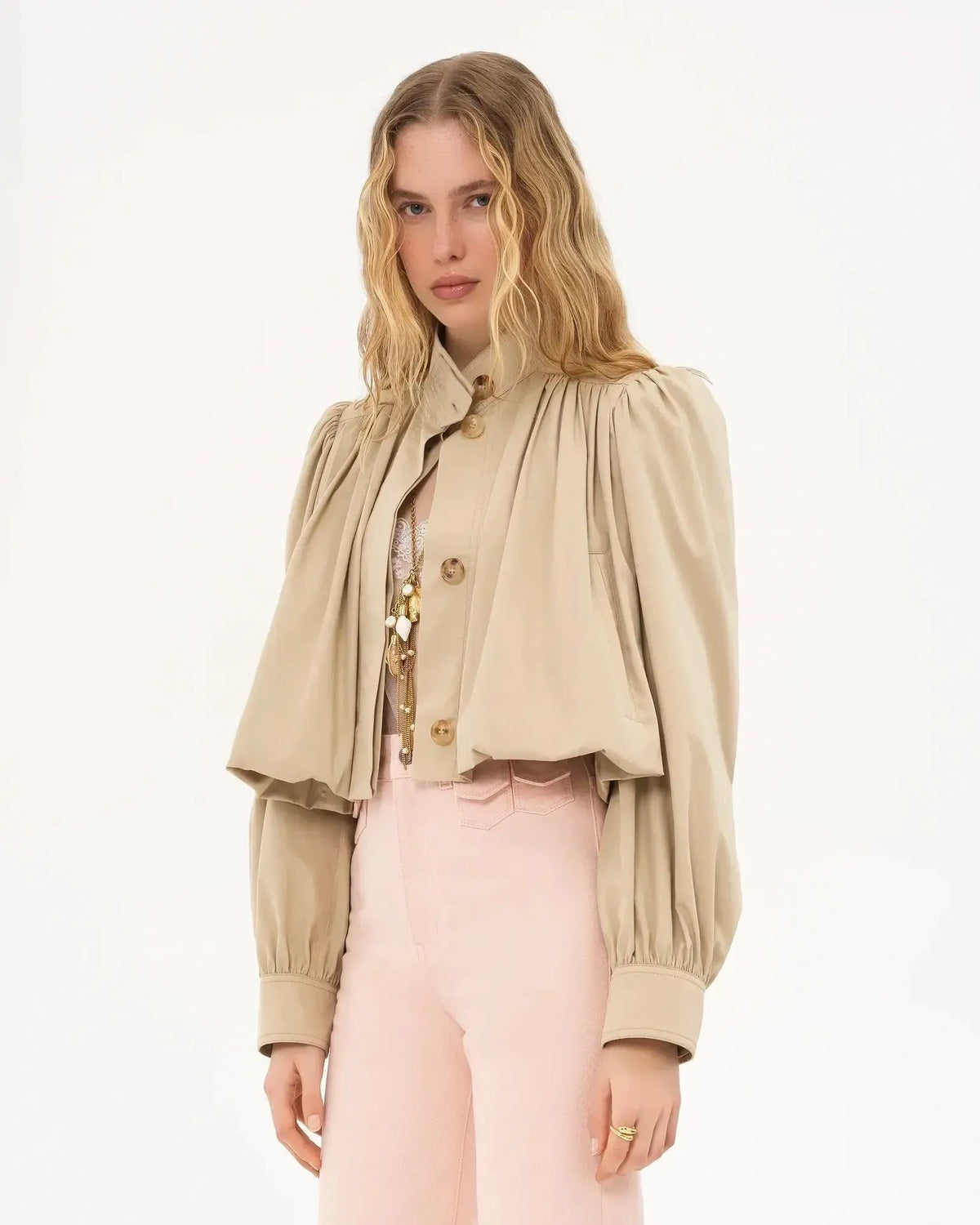 Catrin | Beige Bomberjacke mit Puffärmeln