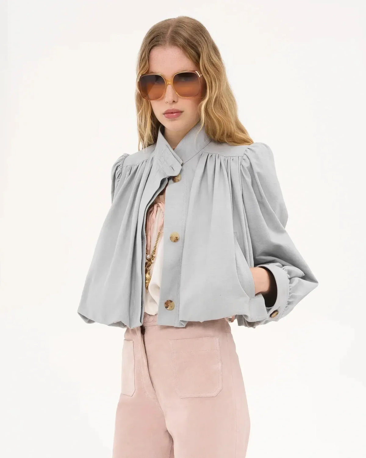 Catrin | Beige Bomberjacke mit Puffärmeln