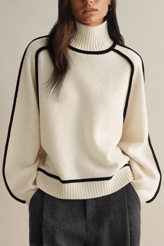Lara | Cremefarbener Pullover mit Kontrastbesatz