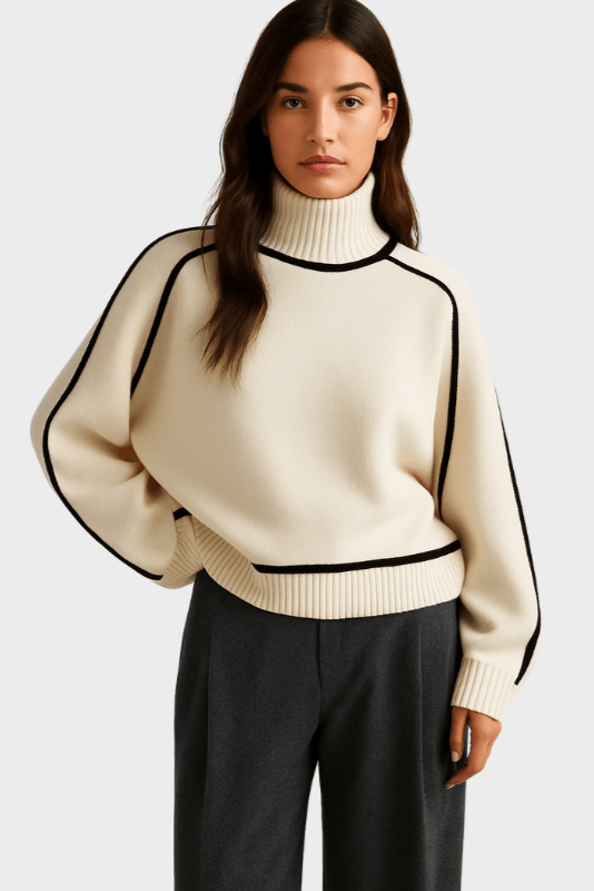 Lara | Cremefarbener Pullover mit Kontrastbesatz