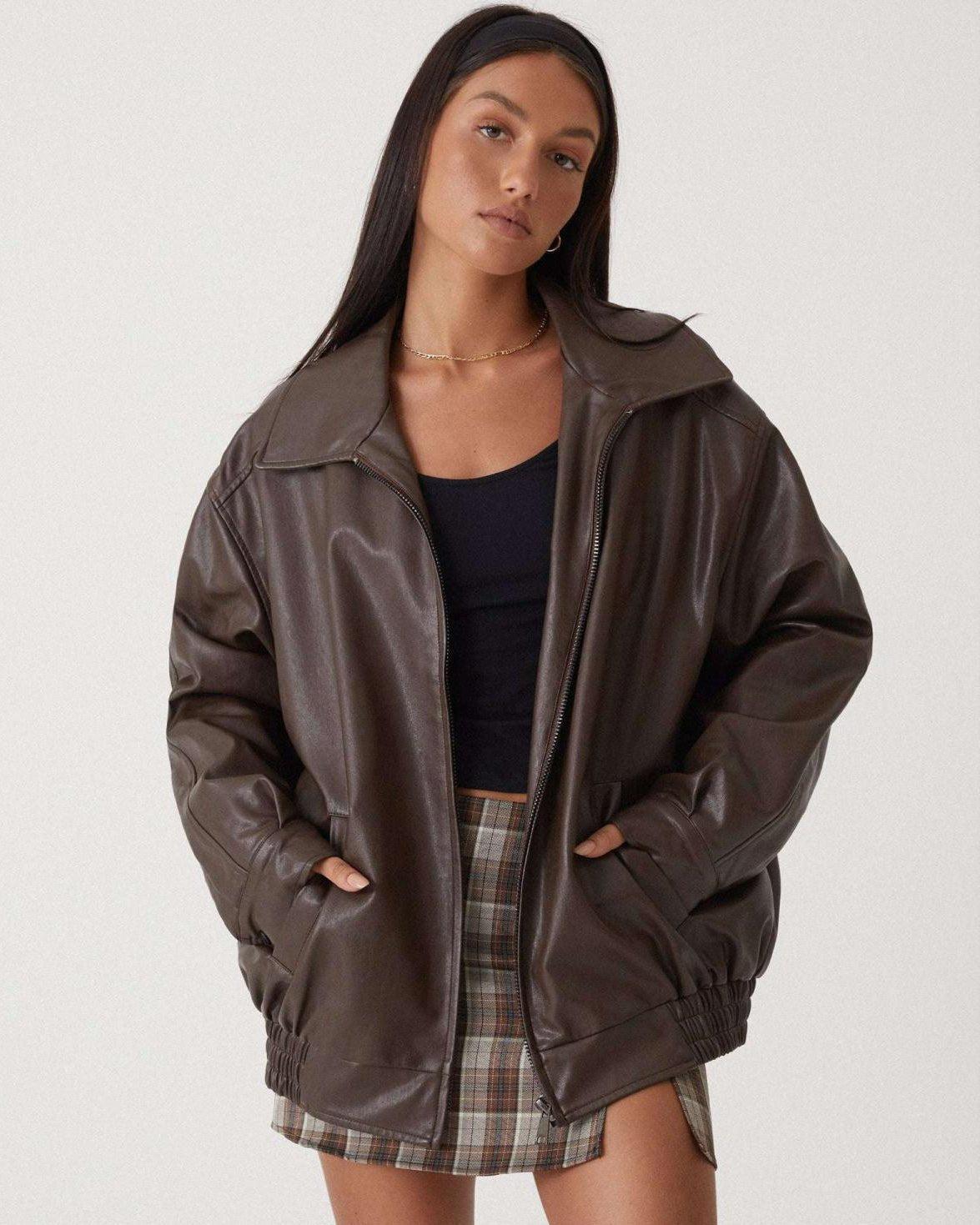 Leanne | Oversize-Jacke in brauner Lederoptik