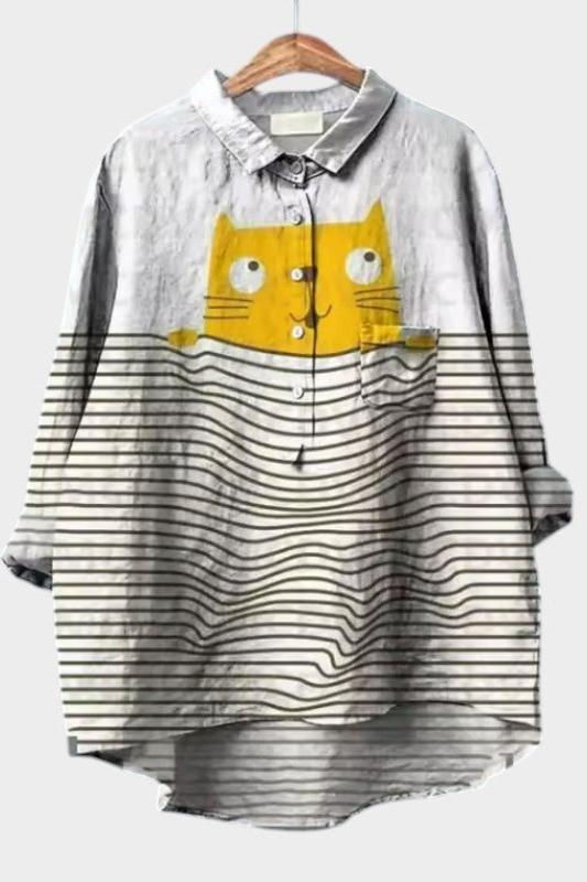 Liane | Gestreifte Bluse mit Katzenmotiv