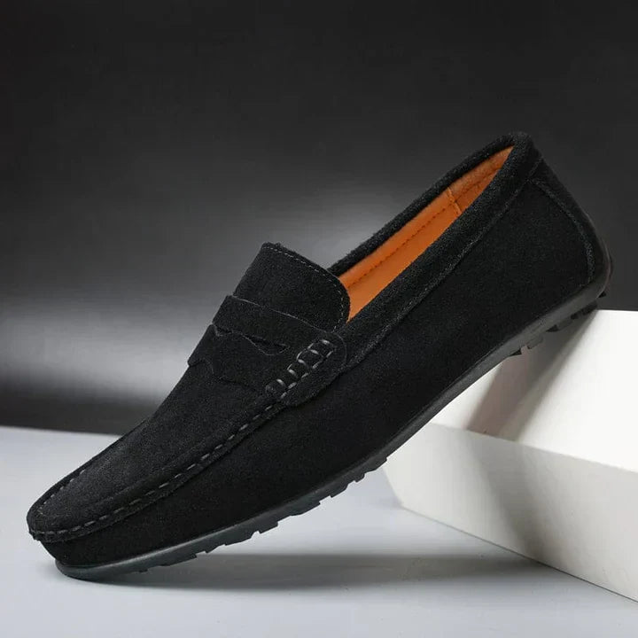 August | Dunkelblaue Penny-Loafer in Veloursoptik