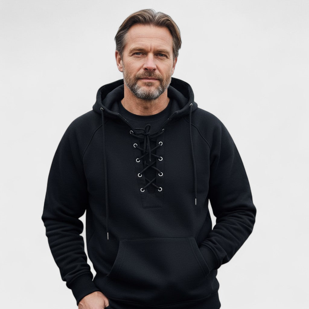 Malte | Brauner Kapuzenpullover mit Schnürkragen