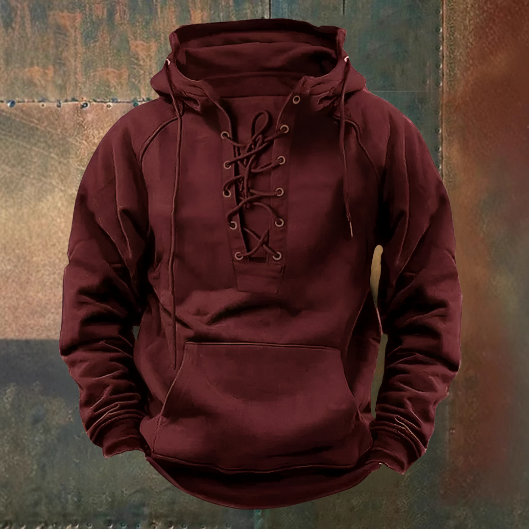 Malte | Brauner Kapuzenpullover mit Schnürkragen