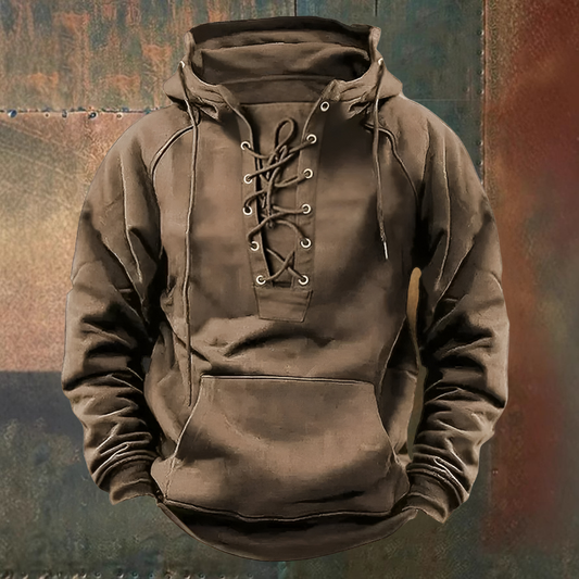 Malte | Brauner Kapuzenpullover mit Schnürkragen