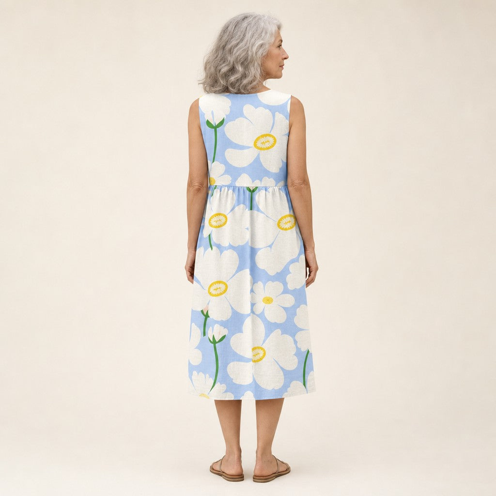 Henny | Ärmelloses Sommerkleid mit großen Blüten auf Hellblau