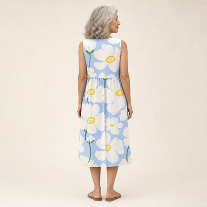 Henny | Ärmelloses Sommerkleid mit großen Blüten auf Hellblau