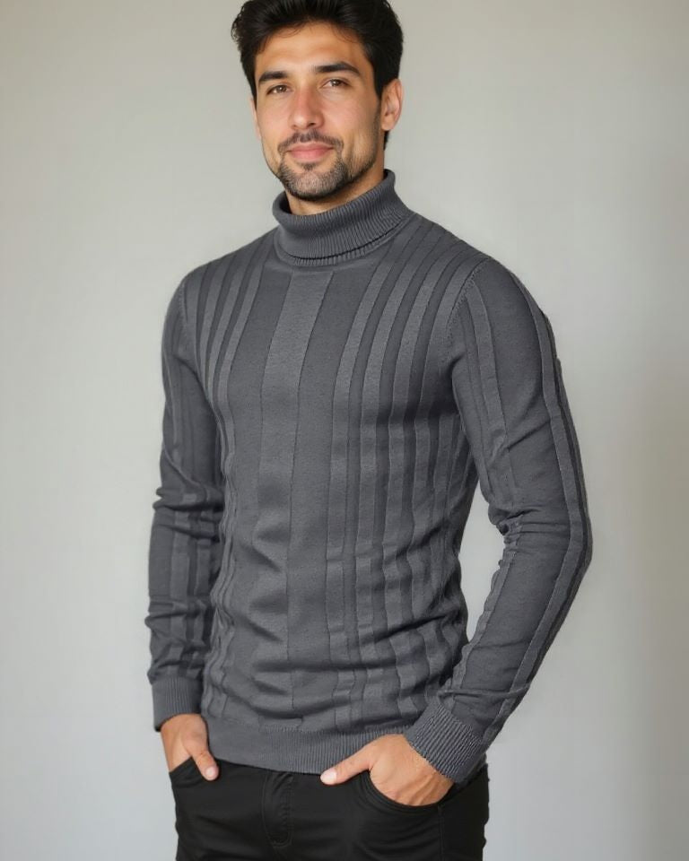Marius | Grauer gerippter Rollkragenpullover