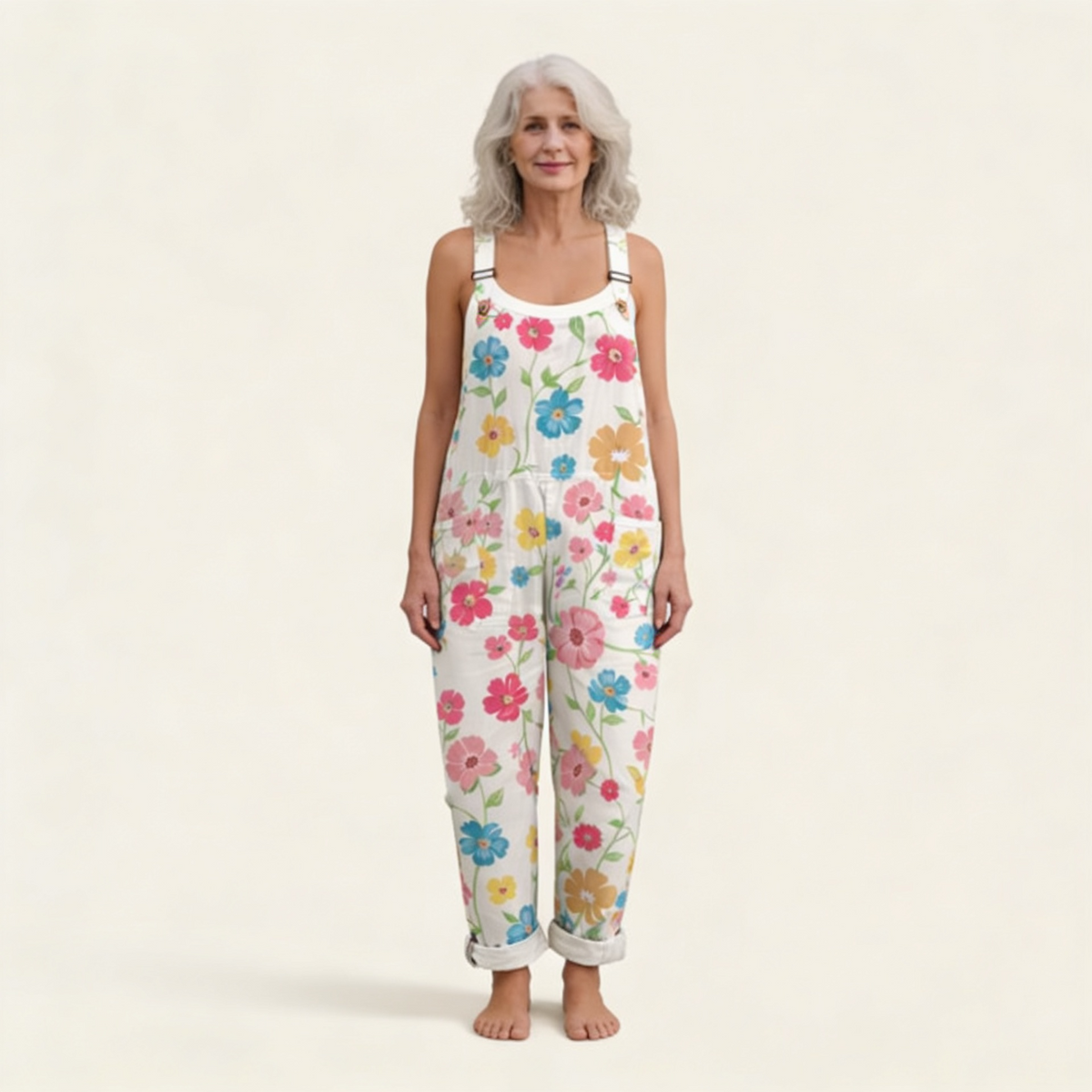 Mona | Latzhose in Weiß mit Frühlingsblumen