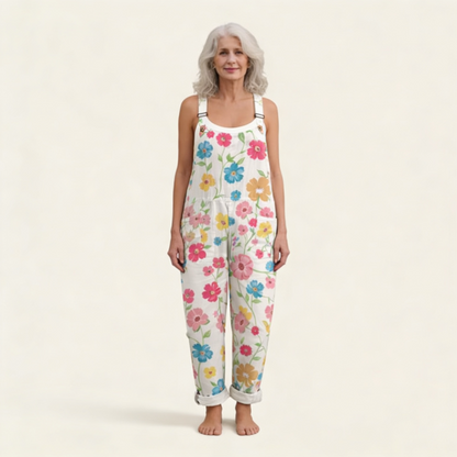 Mona | Latzhose in Weiß mit Frühlingsblumen