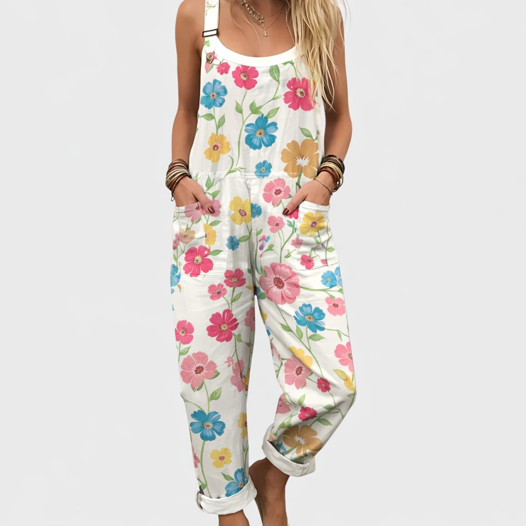 Mona | Latzhose in Weiß mit Frühlingsblumen