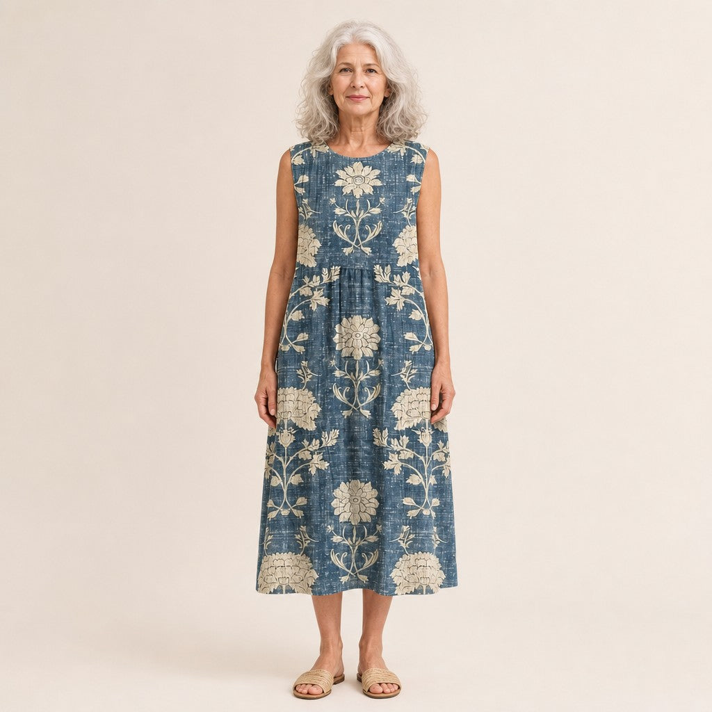 Merle | Ärmelloses Sommerkleid mit Blüten auf Blau