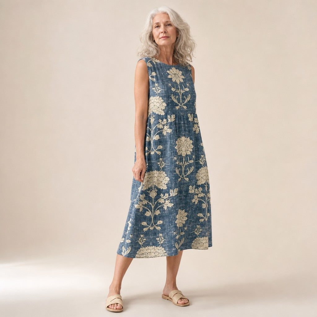Merle | Ärmelloses Sommerkleid mit Blüten auf Blau
