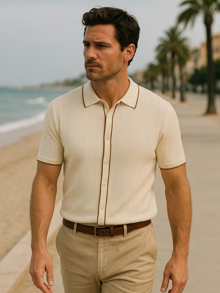 Max | Cremefarbenes Strick-Poloshirt mit Reißverschluss