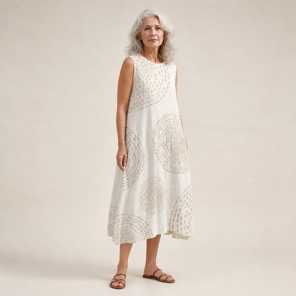 Bärbel | Ärmelloses Sommerkleid in Weiß mit Kreismuster