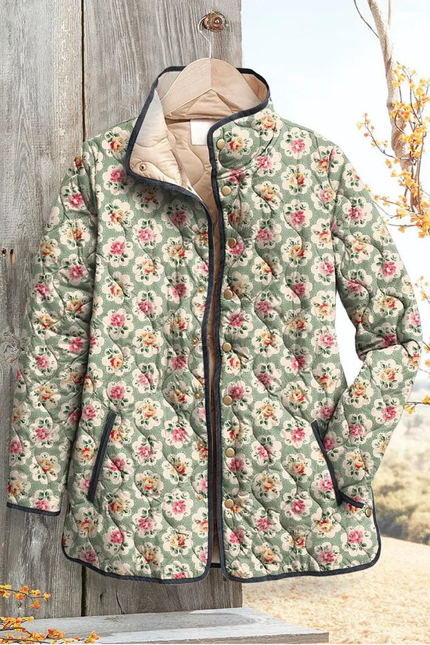 Maike | Mintgrüne gesteppte Jacke mit feinem Rosenmuster