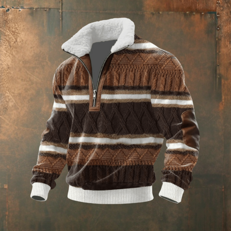 Mathias | Grau-weißer Strickpullover mit Troyerkragen