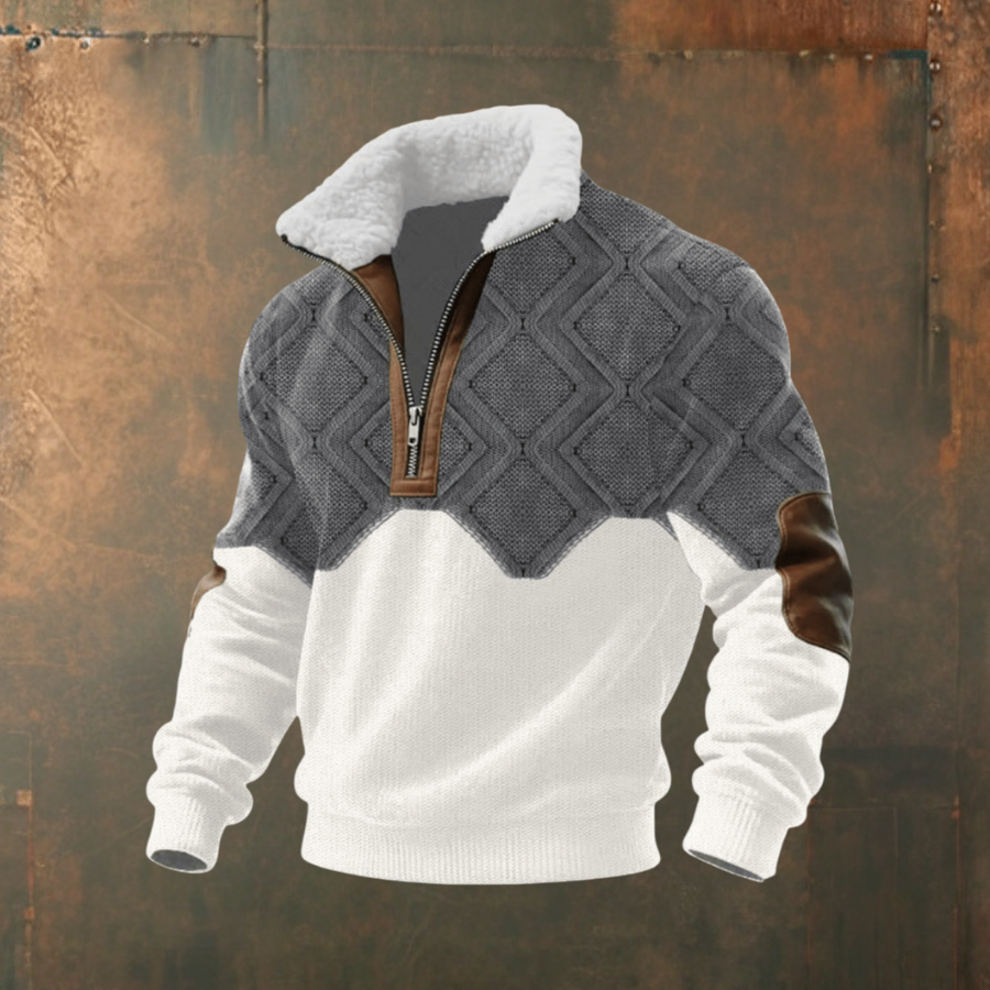 Mathias | Grau-weißer Strickpullover mit Troyerkragen