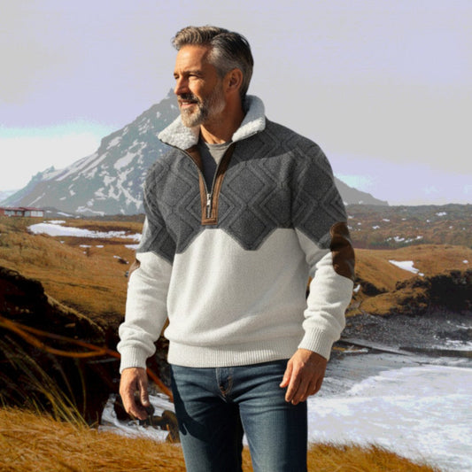 Mathias | Grau-weißer Strickpullover mit Troyerkragen