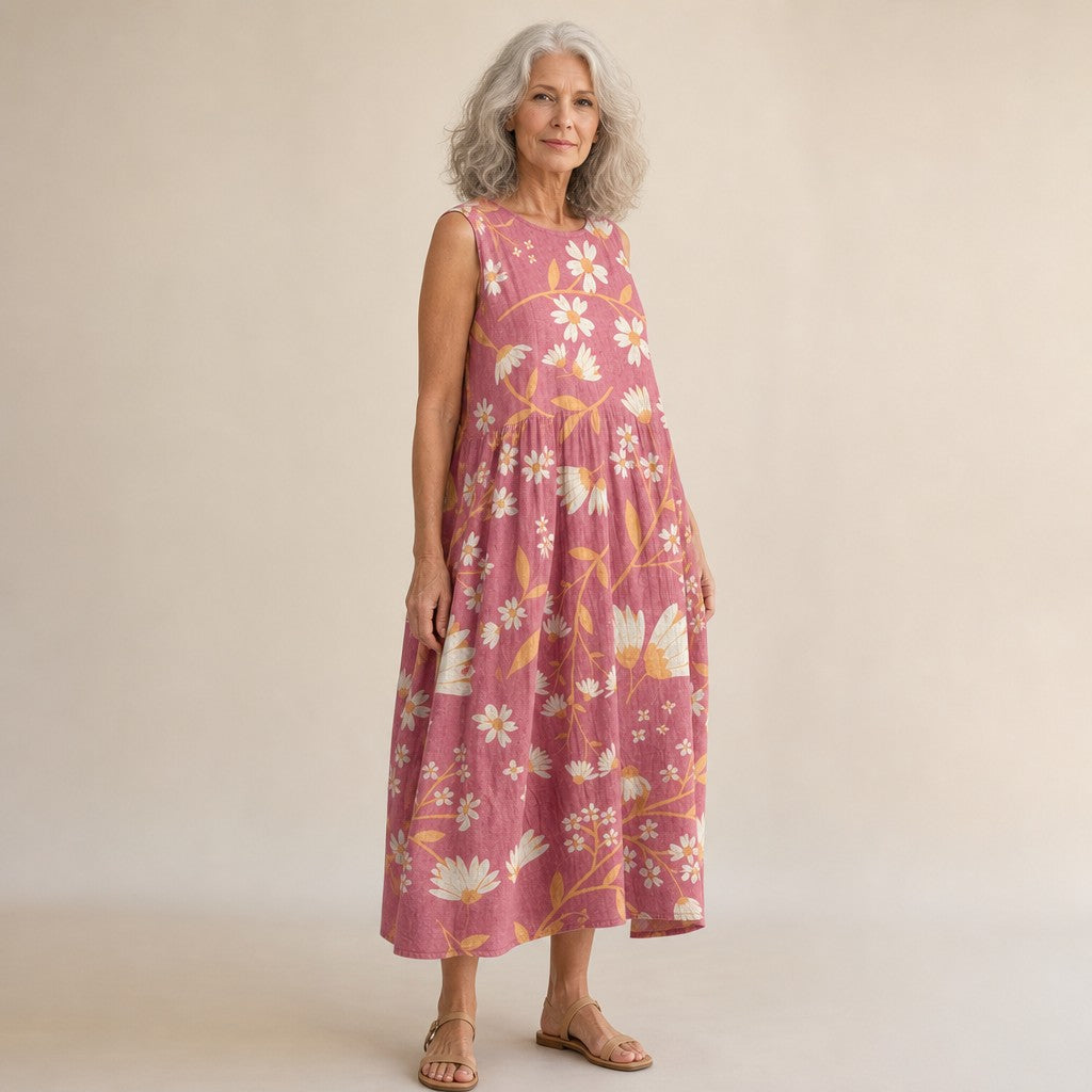 Hertha | Ärmelloses Sommerkleid mit Blüten auf Altrosa