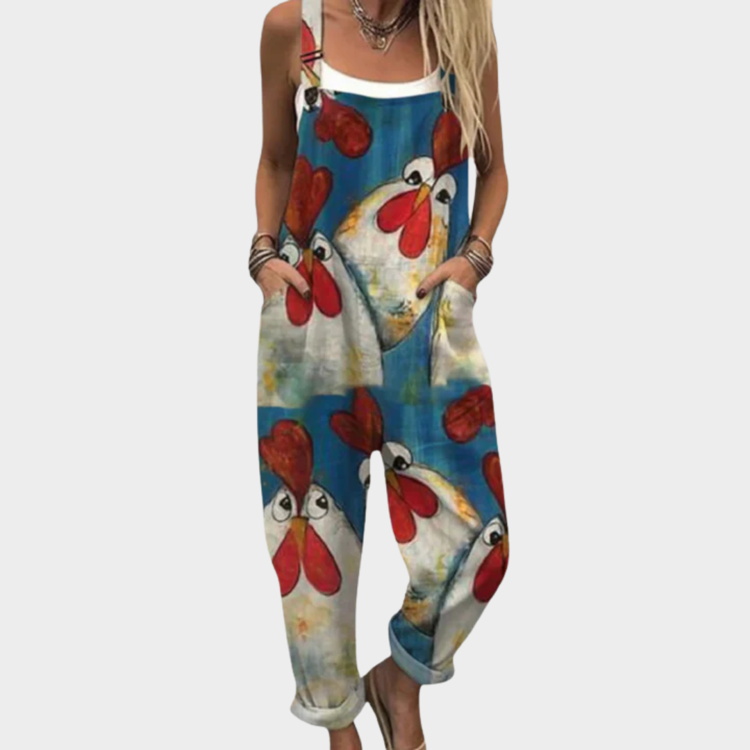 Petra | Latzhose in Blau mit Hühnern
