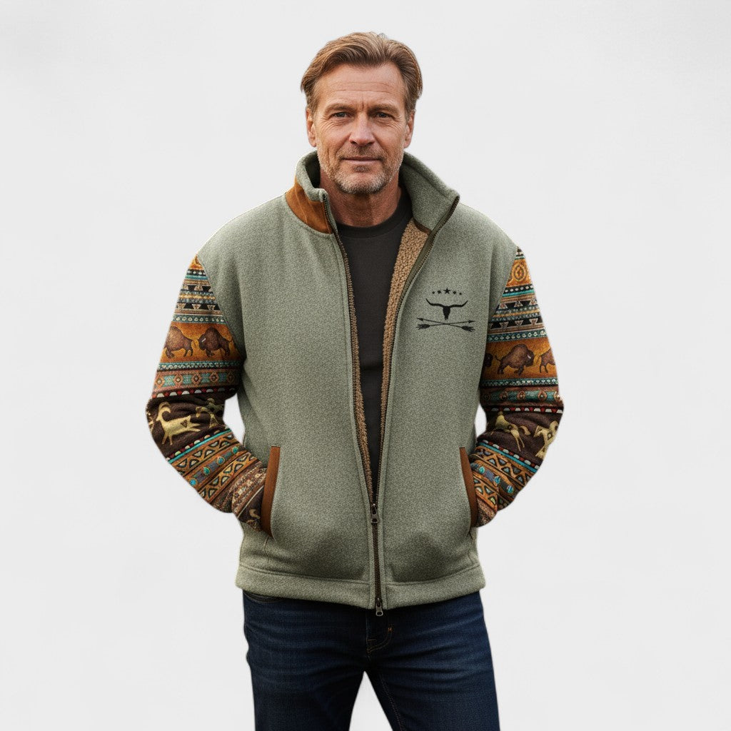 Michael | Beige Fleecejacke mit gemusterten Ärmeln
