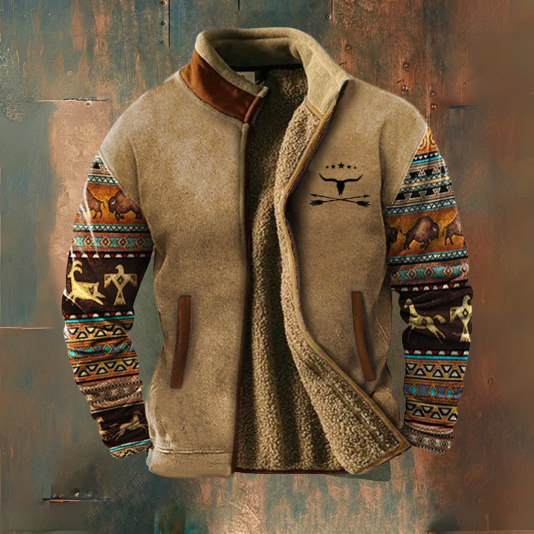 Michael | Beige Fleecejacke mit gemusterten Ärmeln
