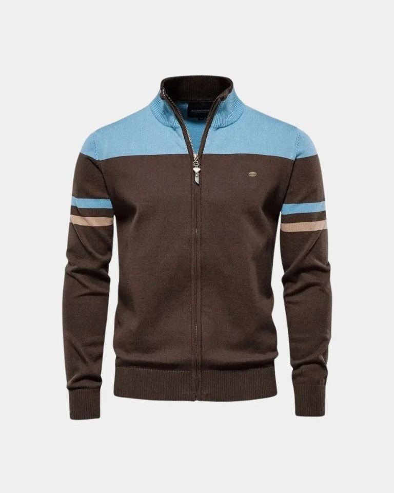 Nils | Braune Colorblock-Strickjacke mit Reißverschluss