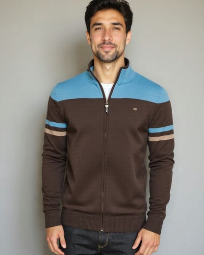 Nils | Braune Colorblock-Strickjacke mit Reißverschluss