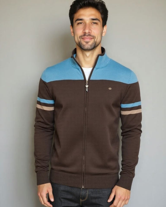Nils | Braune Colorblock-Strickjacke mit Reißverschluss