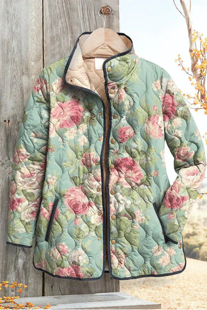 Mechthild | Mintgrüne gesteppte Jacke mit großen Rosen