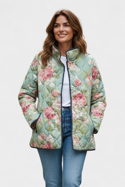 Mechthild | Mintgrüne gesteppte Jacke mit großen Rosen