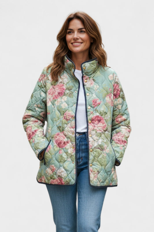 Mechthild | Mintgrüne gesteppte Jacke mit großen Rosen