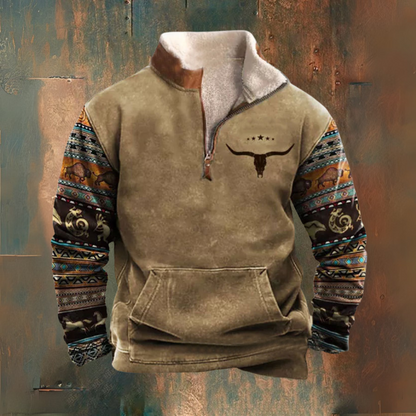 Meinhard | Braunes Sweatshirt mit gemusterten Ärmeln