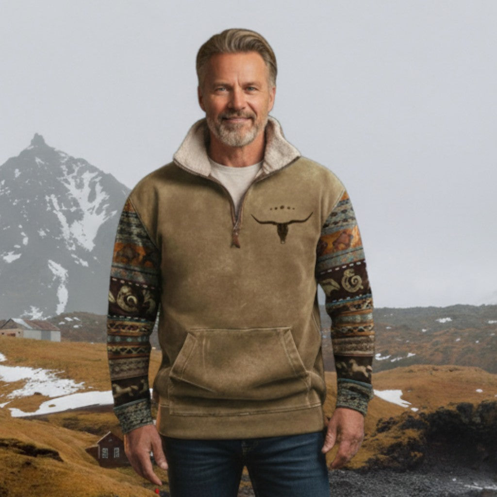 Meinhard | Braunes Sweatshirt mit gemusterten Ärmeln
