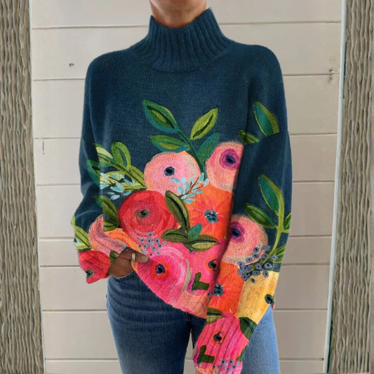 Rose | Dunkelblauer Rollkragenpullover mit Blumenmuster